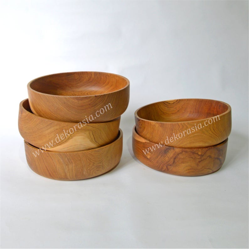 Teak Wood Round Bowl Serving Dessert Diameter 8.8 to 12 inches 5 Bowl Serving